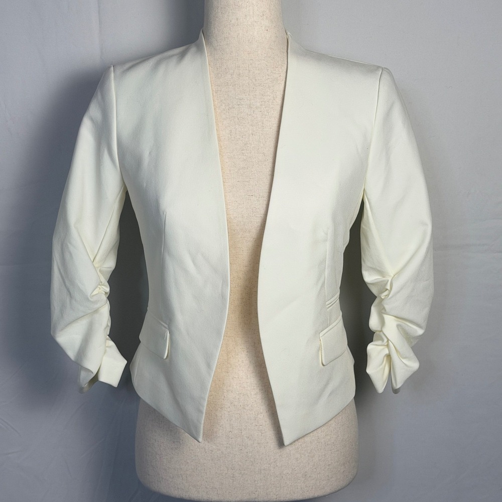 Forever 21 Womens Ivory Ruched 3/4 Sleeve Open Front Cropped Blazer Small
